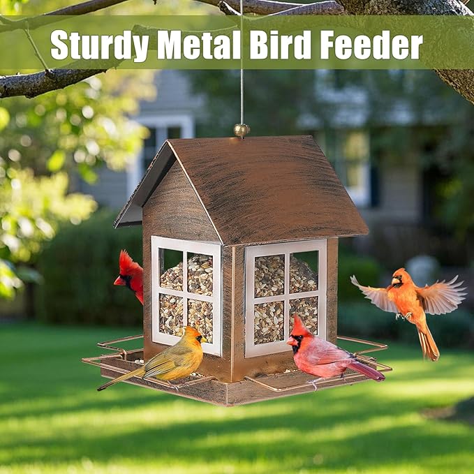 Bird Feeders, Heavy Duty Metal Bird Feeder for Outdoors Hanging, Weatherproof Large Capacity Wild Birdfeeder for Outside Garden Yard, Country House Shape