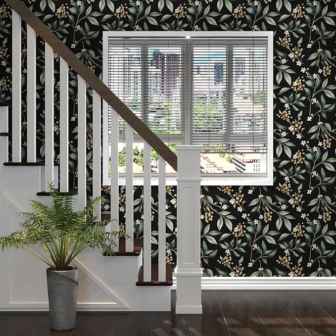 Extra Long Dark Peel and Stick Wallpaper 17.5" x 393" – Vintage Floral Green
