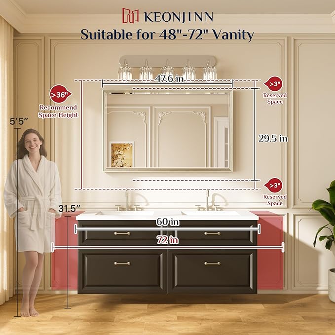 Keonjinn 48" x 30" Black Bathroom Vanity Mirror, Aluminum Alloy Framed Black