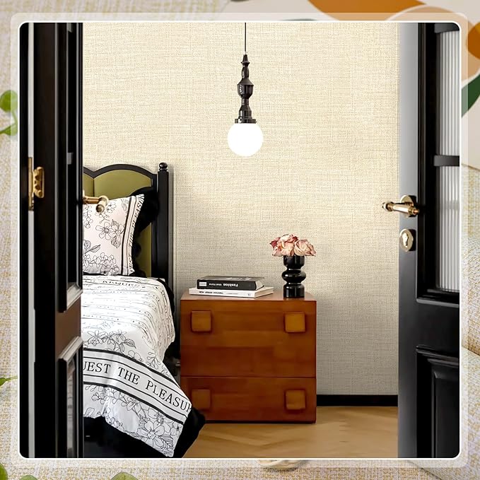 Amiya Grasscloth Cream Wallpaper 17.3"x120" Peel and Stick Beige Faux Fabric