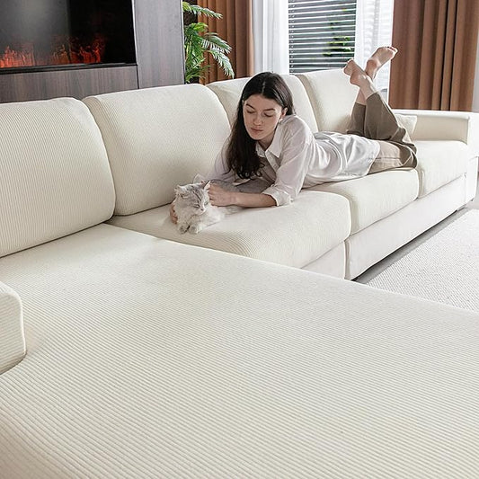 OHSIO Sectional Couch Covers, Wear Resistant Stretch Sofa Covers Washable Soft Couch Cushion Covers Anti Slip Furniture Protector Sofa Slipcovers for Pets (1 Piece Oversized Sofa Cushion, Ivory)