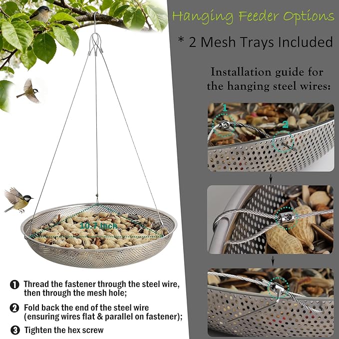 13-Inch Ground Bird Feeder and Bath Combo, Stainless Steel Ground Feeding Platform for Birds & Squirrels, with Dual Birdseed Mesh Trays, Birdbath, Attracting Creatures to Backyard, Patio