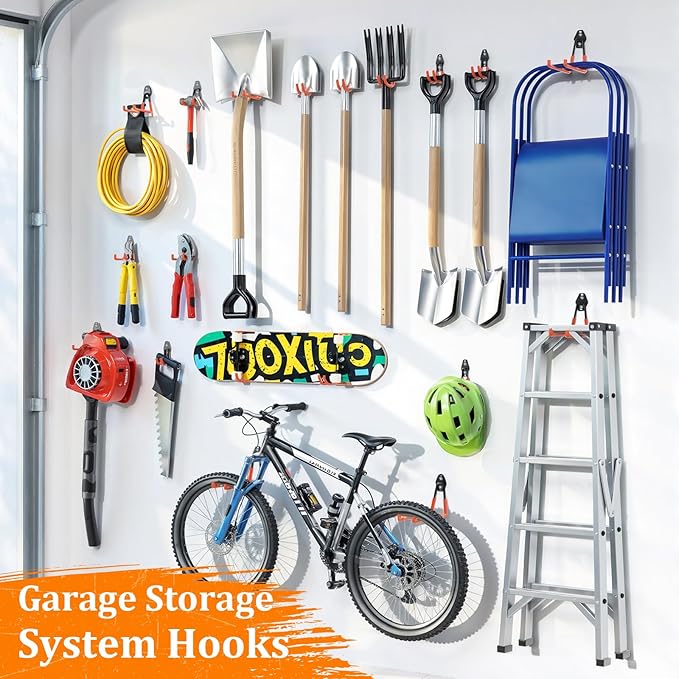 Housolution Steel Garage Hooks - 30Pack Anti-Slip Coating, Heavy Duty Wall Mount Hooks for Bikes, Garden Tools, Ladders, Hose, Bulk Items Ropes, Garage Tool Organizer with Extension Cord Wrap, Orange