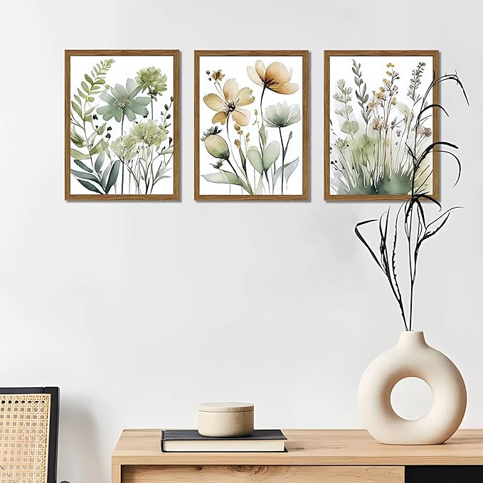 Wood Framed Sage Green Botanical Wall Art Set of 3, Boho Floral Canvas Wall