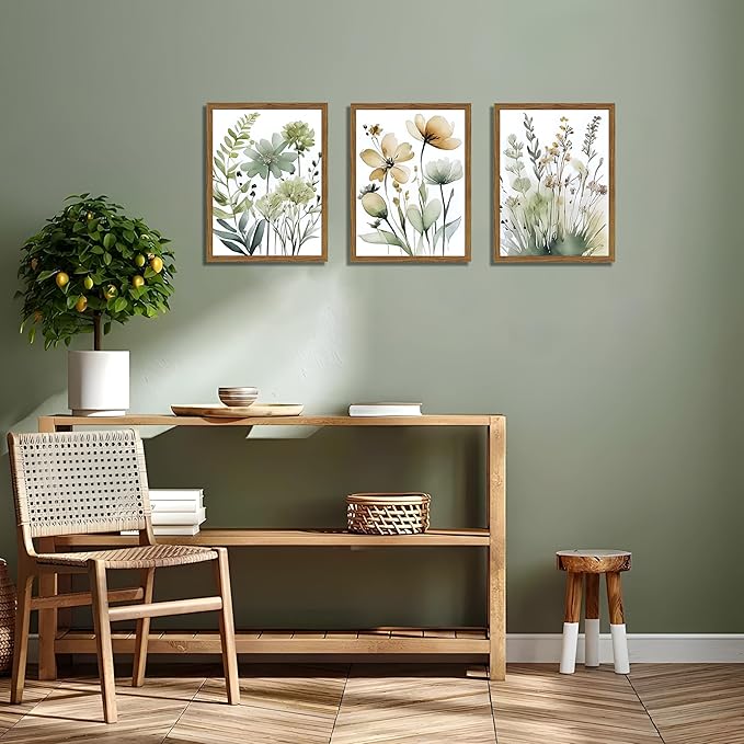 Wood Framed Sage Green Botanical Wall Art Set of 3, Boho Floral Canvas Wall