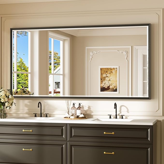 Keonjinn 72" x 36" Large Black Bathroom Vanity Mirror, Brushed Black Framed