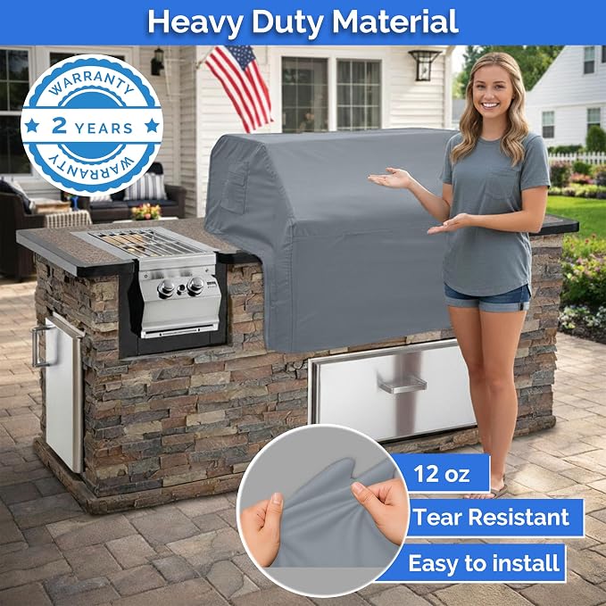 Covers & All Built-in Grill Cover for Outdoor Grill – Heavy Duty 12 oz Waterproof Built-in BBQ Grill Cover, PVC-Coated Polyester with Elastic Hem for Snug Fit (57 x 27 x 26 inches, Grey)