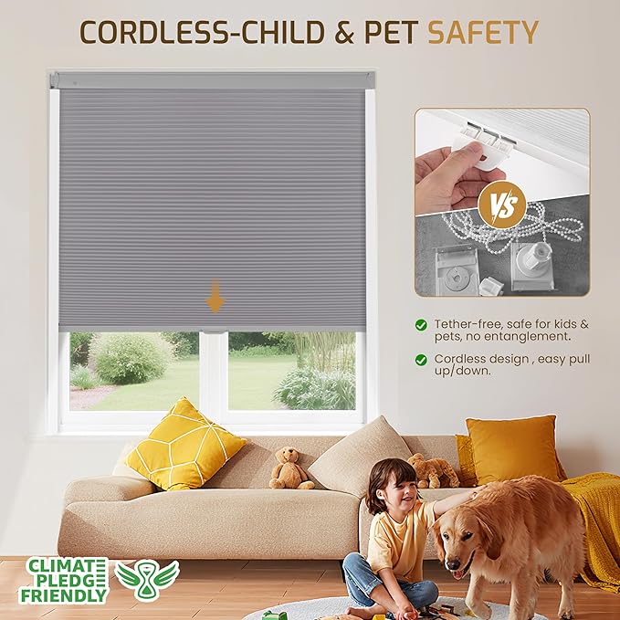 Grandekor No Drill No Tools Cordless Cellular Shades, UV Protection Privacy No
