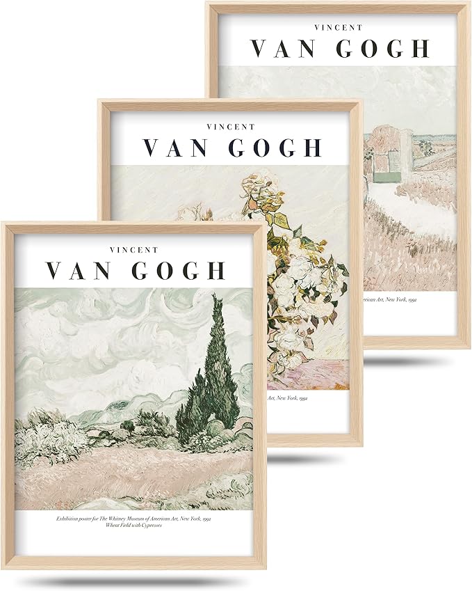 HesenDot Van Gogh High Framed Wall Art Set of 3, 12x16in Neutral Floral Canvas