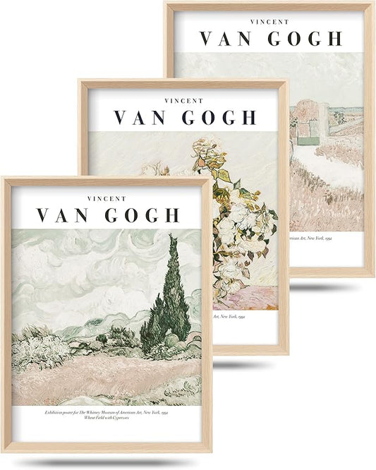 HesenDot Van Gogh High Framed Wall Art Set of 3, 12x16in Neutral Floral Canvas