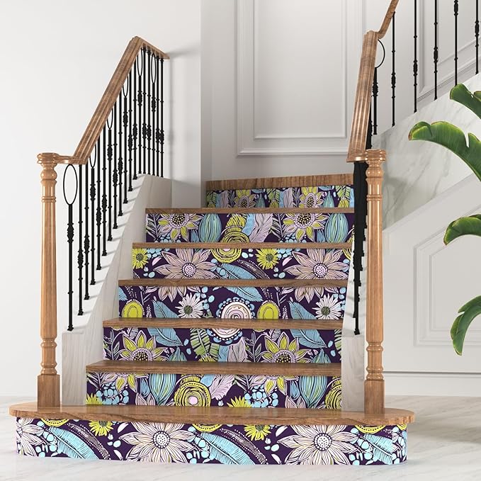 Purple Boho Wallpaper Peel and Stick, Vintage Yellow Floral Contact Paper 17.5"