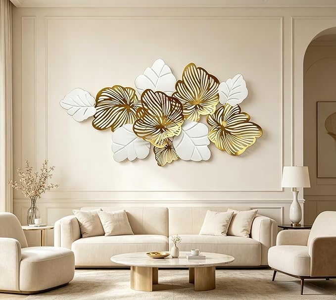 Roivikis Large Metal Wall Art Decor, 3D Abstract White & Gold Floral Leaves Wall Art, Handcrafted Modern Metal Wall Sculpture for Living Room, Bedroom, Entryway, 53.2" × 27"