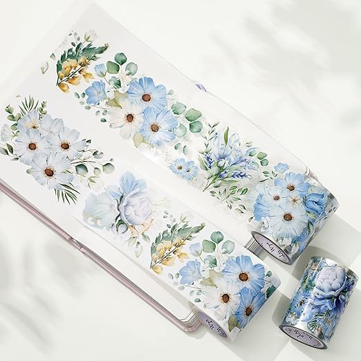 WT Serene Wide PET Tape, Single Roll, Original Designs, Watercolor Blue Flower Decorative Tape, Transparent Clear Adhesive Tape, Journal Scrapbook Bujo Planner DIY Craft Supplies