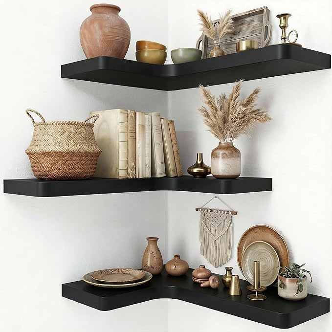 16 Inch Solid Wood Floating Corner Shelves 3 Pack