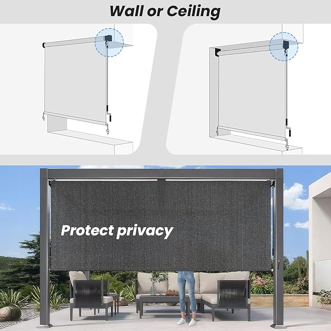 7'W x 8'H Gray Patio Shades Roll up Outdoor Roller Shade Crank Wand Blind