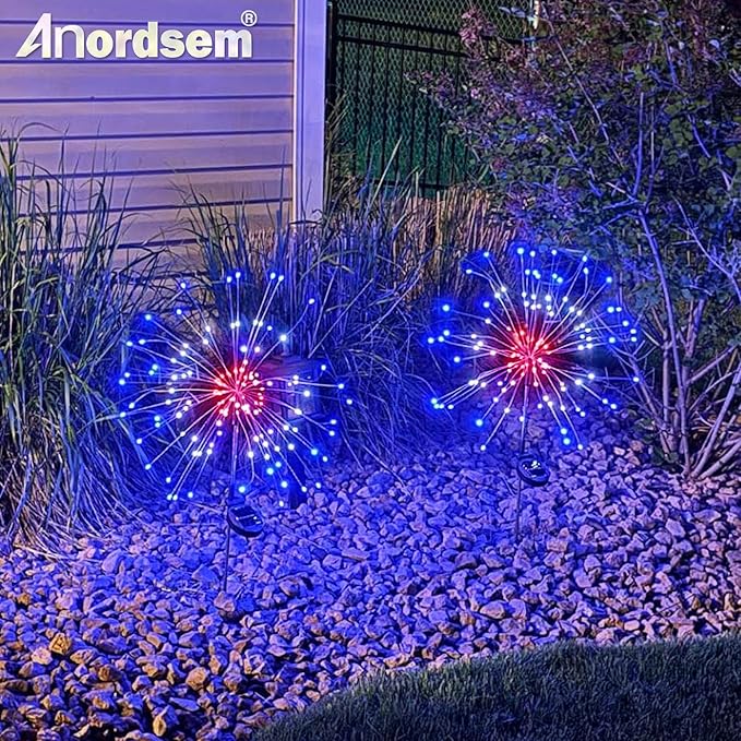 Anordsem Solar Garden Lights Outdoor: Bendable Copper Wire with 120 LED Firework Beads - Waterproof 2 Red Lighting Modes for Yard Patio Path - Gardening Gifts for Homeowner Gardener