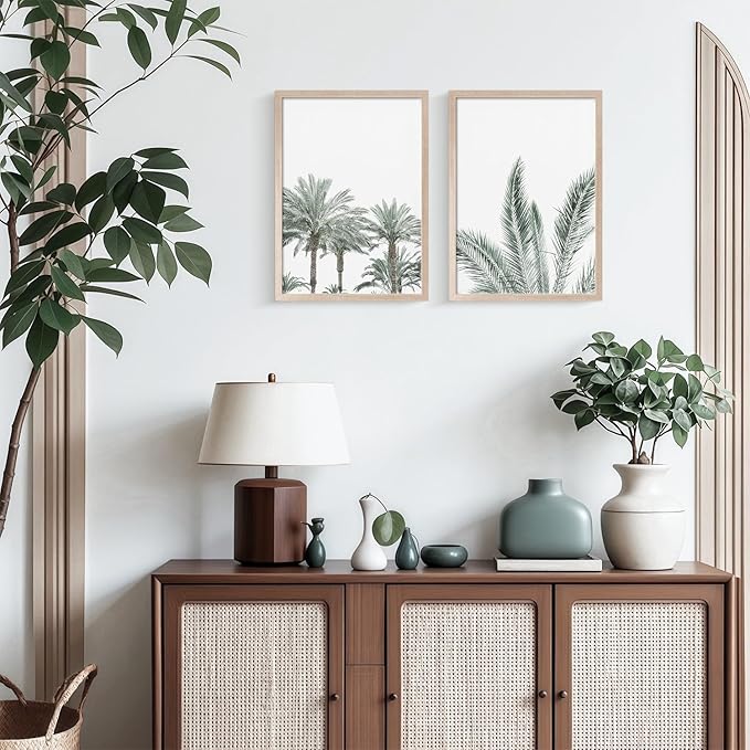 Framed Vintage Canvas Wall Art Palm Tree Leaves Poster Picture Modern Countryside Painting Nature Scenery Contemporary Home Print Living Room Gallery Office Ready to Hang 12x16 Inch x2