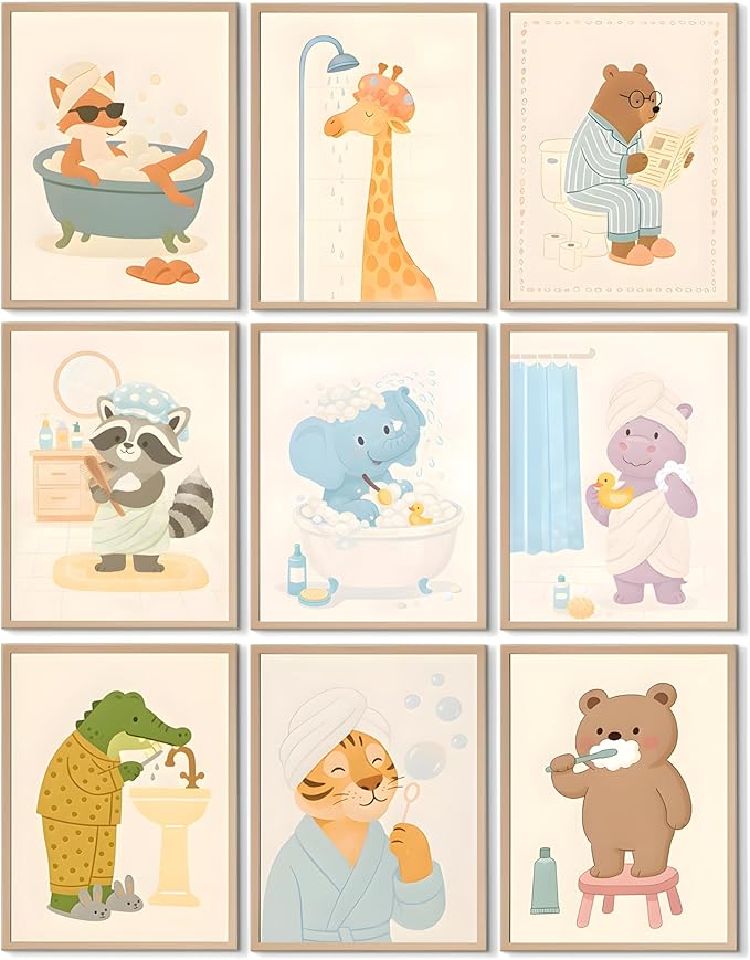 tgguytiy Kids Bathroom Wall Art Set of 9 Cute Animal Bathroom Decor