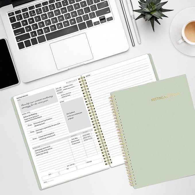SUNEE Half Meeting Half Note - 8.5"x11" Professional Notebooks for Work - 160 Pages, A4 Size Project Planner, Spiral Meeting Agenda/Minutes Organizer for Women Men, Note Taking, Office & Business