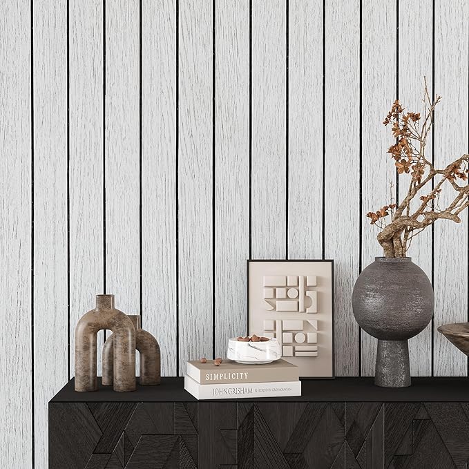 VEELIKE Whitewashed Wood Slat Wall Panels Peel and Stick Wood Wall Panel