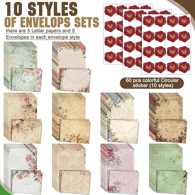 TaoBary 160 Pcs Stationery Paper Set 50 Double Sided Stationery Papers with 50 Matching Envelopes and 60 Round Dot Sticker, 10 Design(Vintage Floral,5.5 x 8.25 Inch)