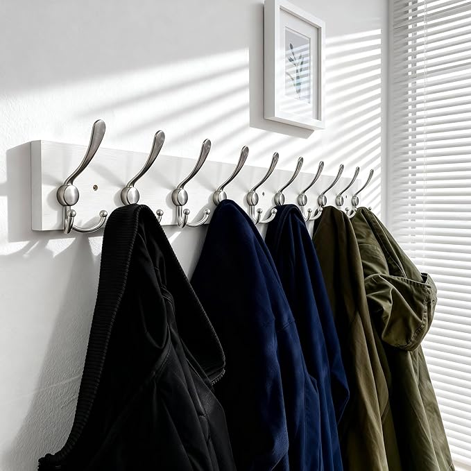 SKOLOO Creations White Solid Wood Wall Mounted Coat Rack, 10 Hooks, 38-1/8" Long
