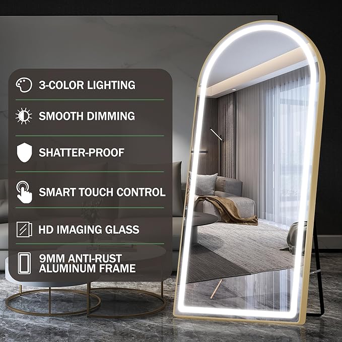 FENNIO Full Length Mirror with Lights, Free Standing Lighted Floor Mirror
