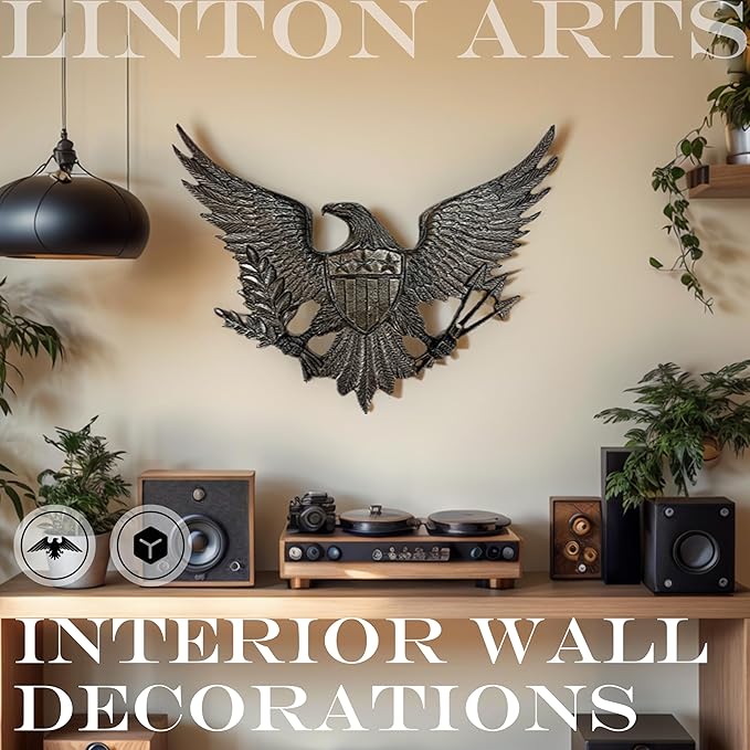 Linton Arts Cast Iron Black Eagle Wall Decor, Outdoor Metal Eagle Statue for Wall Art, Patriotic Decor with Shield, Indoor Outdoor American Wall Hanging【eagles wall decor】