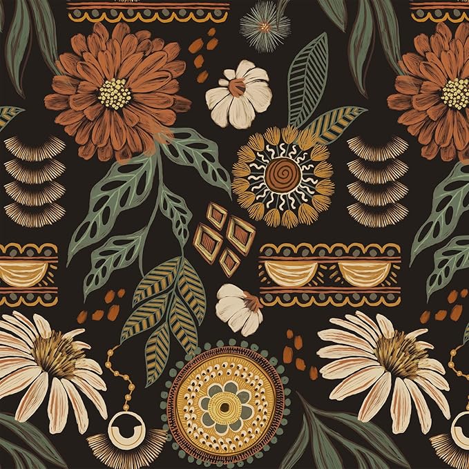 JiffDiff Boho Peel and Stick Wallpaper Vintage Floral Wall Paper Removable Sun
