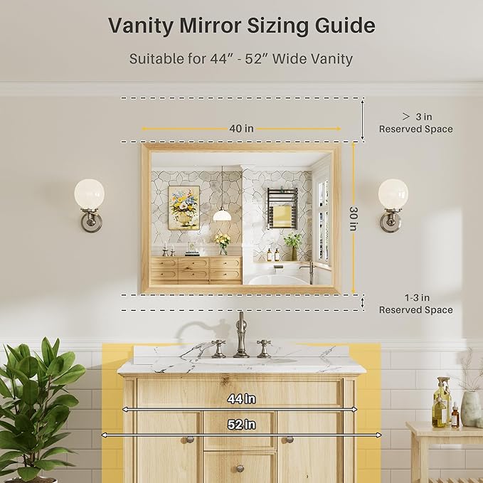 40x30 Inch Bathroom Mirror for Wall, Anti-Rust Oak Wood Grain Metal Framed