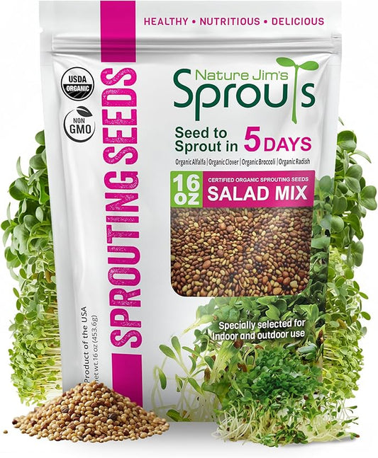 Nature Jimâs Sprouts Organic Salad Mix â Non-GMO Microgreen Seeds, Perfect for Growing Nutritious Organic Broccoli, Alfalfa, Radish & Clover Sprouts â Easy Indoor/Outdoor Home Sprouting Seeds â 1lb