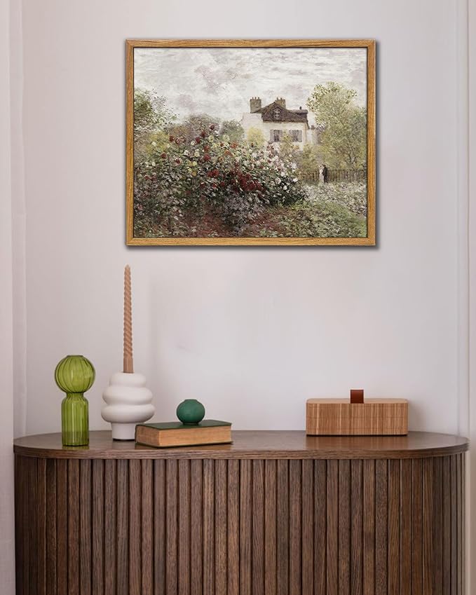 UPWOIGH 16x24 in Large Framed Wall Art, Claude Monet The Artist's Garden Oil Painting Canvas, Vintage Impressionist Rose Garden Landscape, Rustic Cottage Farmhouse Decor for Living Room Bedroom, 1Pack