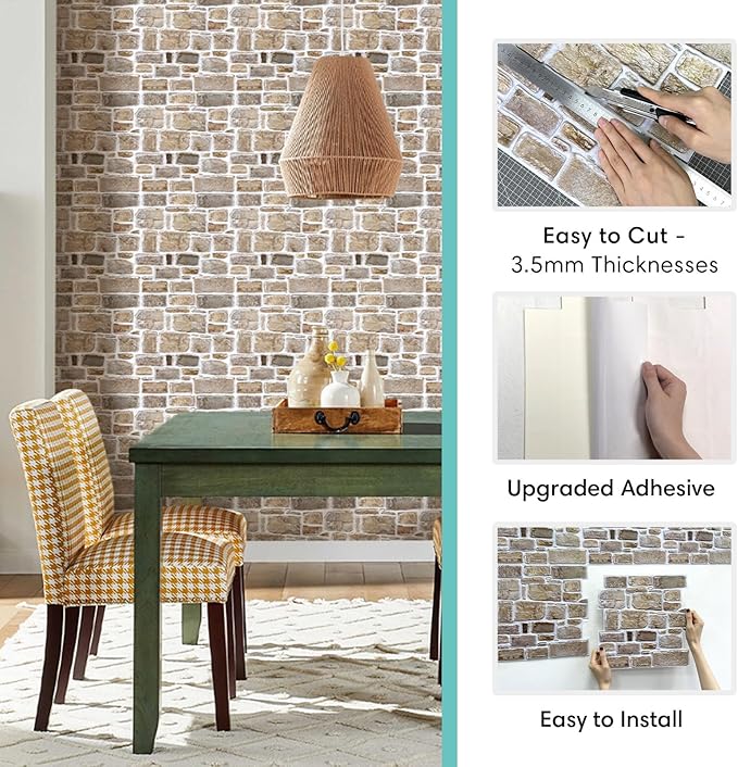 Commomy 10 Pcs 3D Stone Wall Panels Peel and Stick