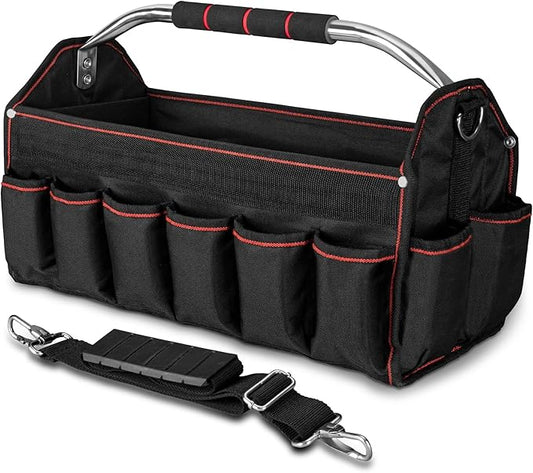 HAUTMEC 18" Foldable Tool Tote, Open Top Tool Bag with Removable Divider & Stiff Frame, 23-Pockets Electrician Tool Bag with Padded Steel Handle, Shoulder Strap & Water-Resistant Hard Base â HT0020