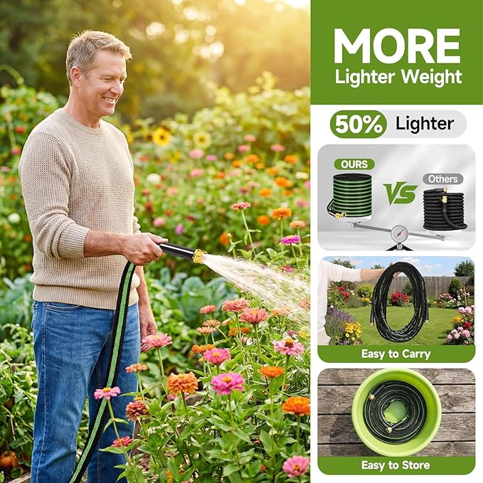 Garden Hose 25 ft Flexible Non-Expandable Water Hose Kink-Free Lightweight Leak-Proof High Pressure Durable Outdoor Portable Fabric Hoses Pipe with 3/4” Sturdy Fittings for Yard Lawn Car Wash