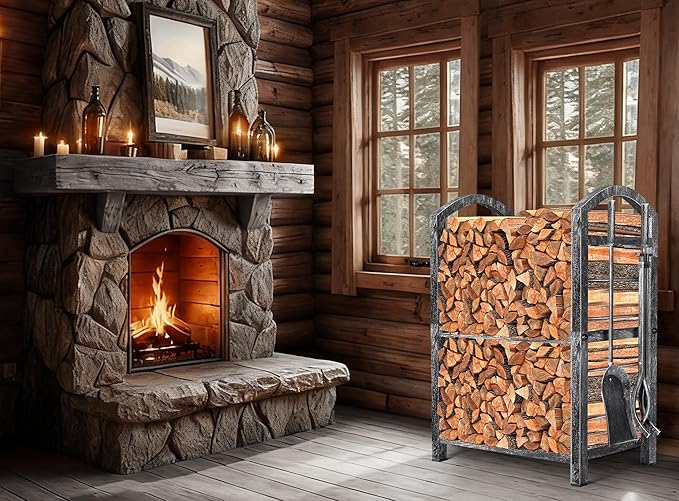 AMAGABELI GARDEN & HOME Firewood Rack Indoor with Tools 5-Piece Fireplace Tools Set Wood Holder Wrought Iron Log Holder Firewood Storage Rack for Fireplace,Fire Pit,Wood Stove Antique Silver