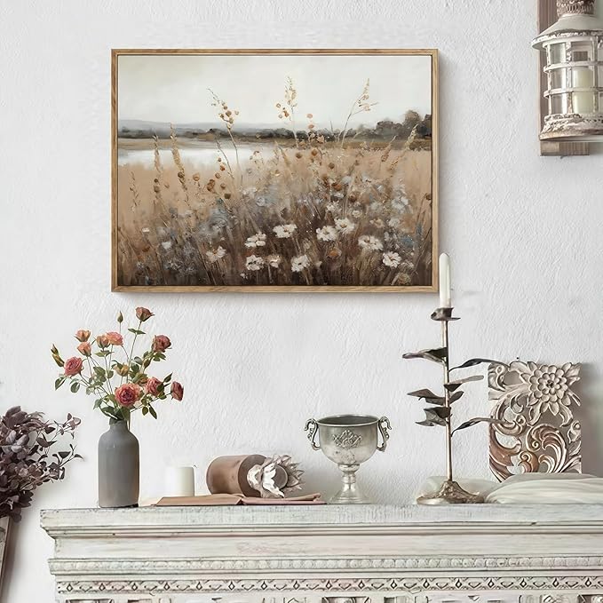 Vintage Canvas Wall Art Flowers Wall Decor Landscape Countryside Wildflowers Oil Painting Farmhouse Picture Modern Print Rustic Floral Prints Living Room Bedroom Bathroom 12x16 Inch Framed