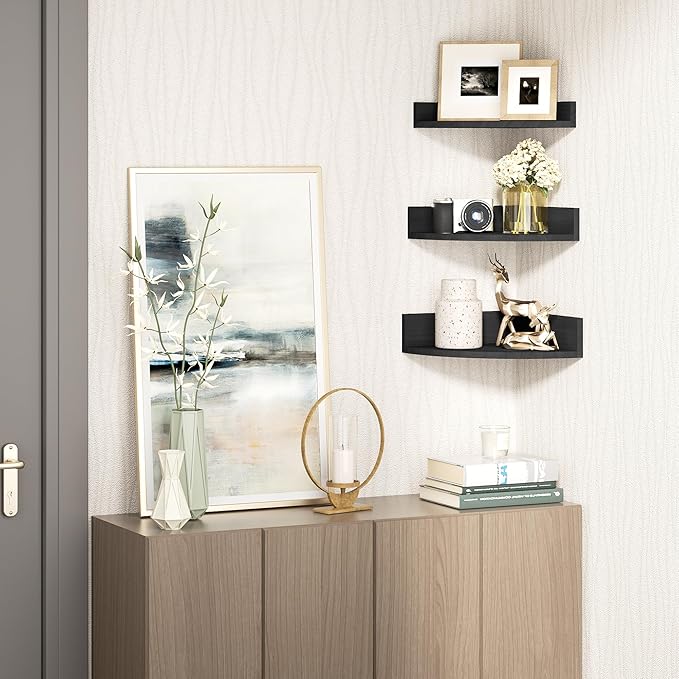 Alsonerbay Black Corner Shelf Wall Mount, Rustic Wood Shelves