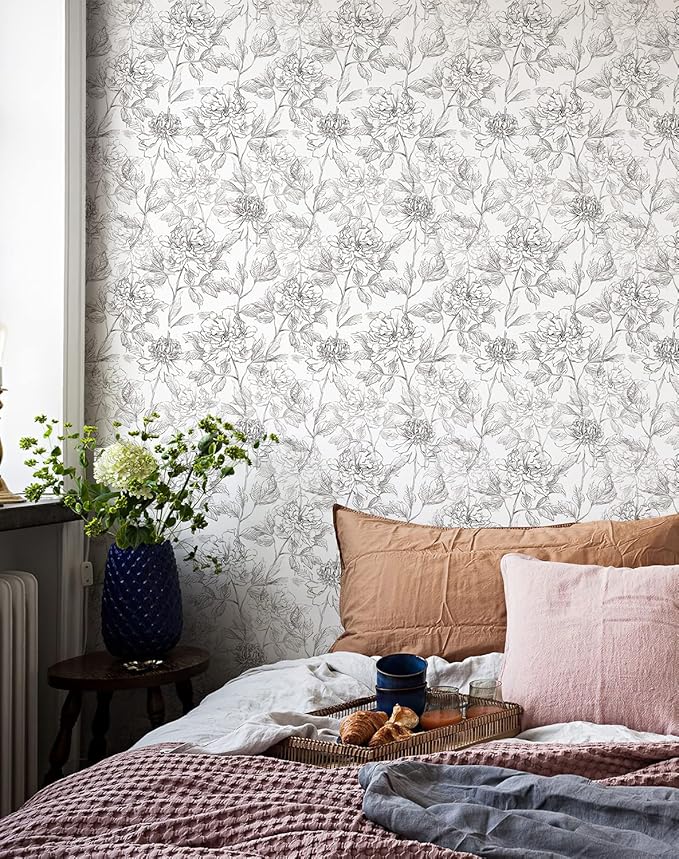 JiffDiff Black and White Floral Wallpaper Peonies Removable Peel and Stick