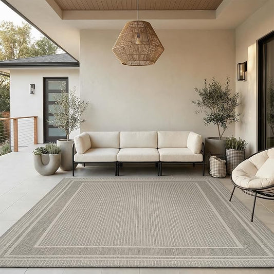 MontVoo-Outdoor Rug-Patio Rug 9x12 ft Polypropylene Indoor Outdoor Rugs Outdoor Carpet for Patio Deck Balcony Porch, Textured Weave, Durable for High Traffic, Fade-Resistant, Modern Silver Grey