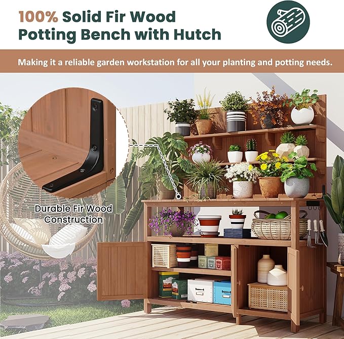 Christopher Knight Home Belfast 50.20" W Outdoor Potting Bench Table, Fir Wood Potting Table, Large Gardening Workstation with Storage Shelf, Ample Space Garden Tools Organizer for Backyard, Natural