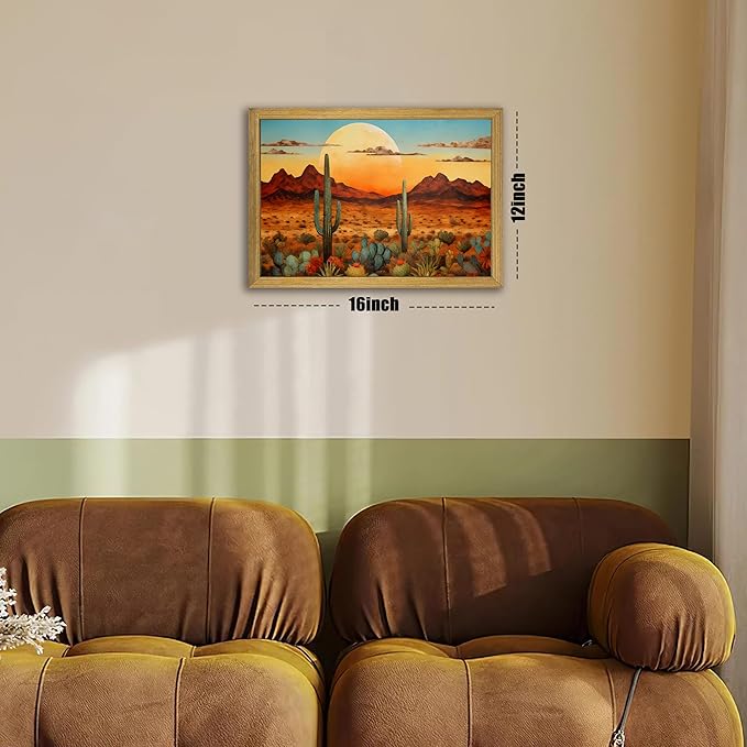 Framed Western Desert Sunset Cactus Wall Art, Vintage Southwest Nature