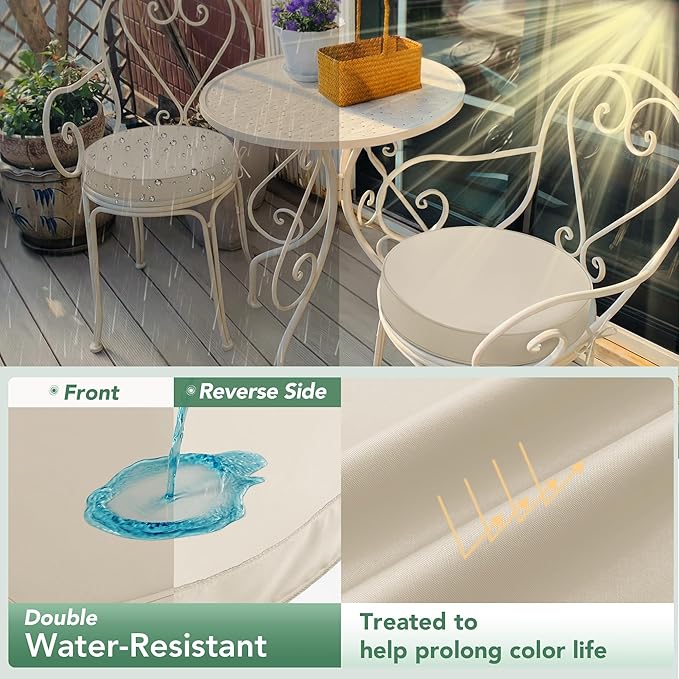 Summsun Outdoor Bistro Chair Cushions Set of 4, 15" D x 3" H Round Chair Cushions Waterproof and Fade Resistant Chair Cushion Pads with Non-Slip Ties and Removable Covers for Garden, Cream