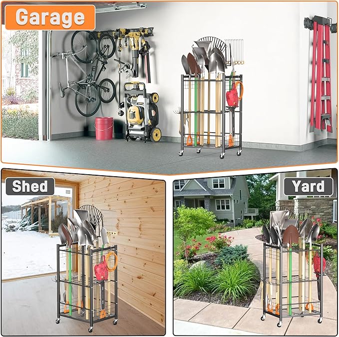 TORACK Garden Tool Stand with Wheels, Rakes Shovels Holder Yard Tools Organizer for Garage, Garden, Shed Indoor/Outdoor Long-Handled Tools Cart(Tool stand)
