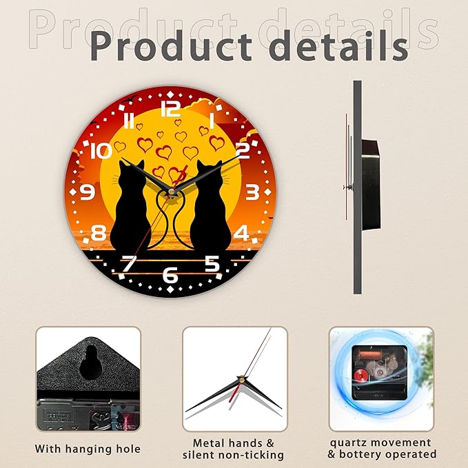 Two Cats in Love Seaside Wall Clock, Contemporary Easy to Read Decor