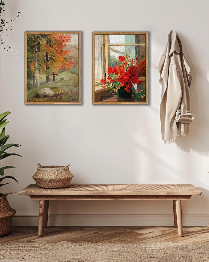 UPWOIGH 8x10 in Framed Wall Art, Red Poppies by the Window Oil Painting Canvas, Vintage Farmhouse Rustic Decor, Red Flowers Print, Antique Wall Decor for Living Room Bedroom, 1 Pack Gift