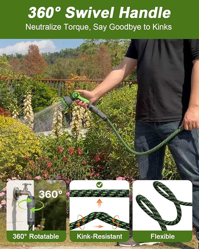 Garden Hose, Flexible Ultra Lightweight Durable, Kink-Free Water Hose with 10 Function Sprayer - Non-Shrinking, Easy to Store, All-Weather, High-Pressure (100 FT)