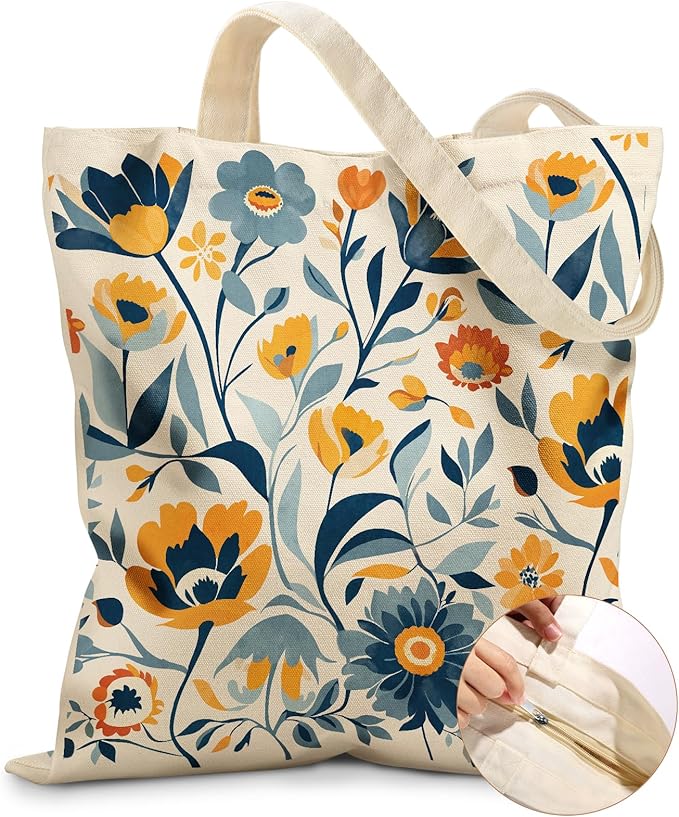 Miss Adola Canvas Tote Bag for Women â Aesthetic Canvas Bag with Zipper Cute Stylish Reusable Shoulder Totes for Shopping Work Daily Vacation, Blue Yellow Flower