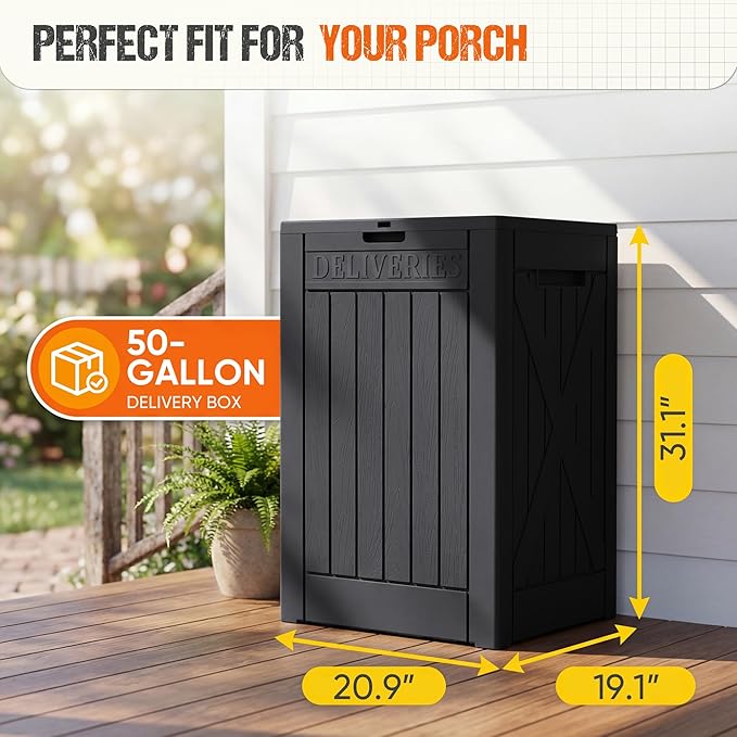 Flamaker 50 Gallon Deck Box, Package Delivery Box for Outside, Outdoor Package Drop Container for Gifts, Waterproof Plastic Storage Container with Lockable Secure for Porch (Black)