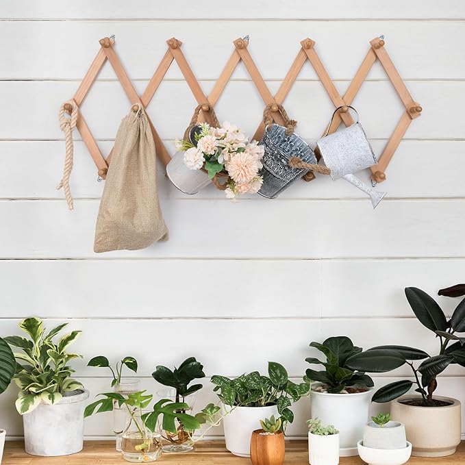 SCUNDA Wall Rack with 16 Hooks, Wooden Wall Expandable Coat Rack